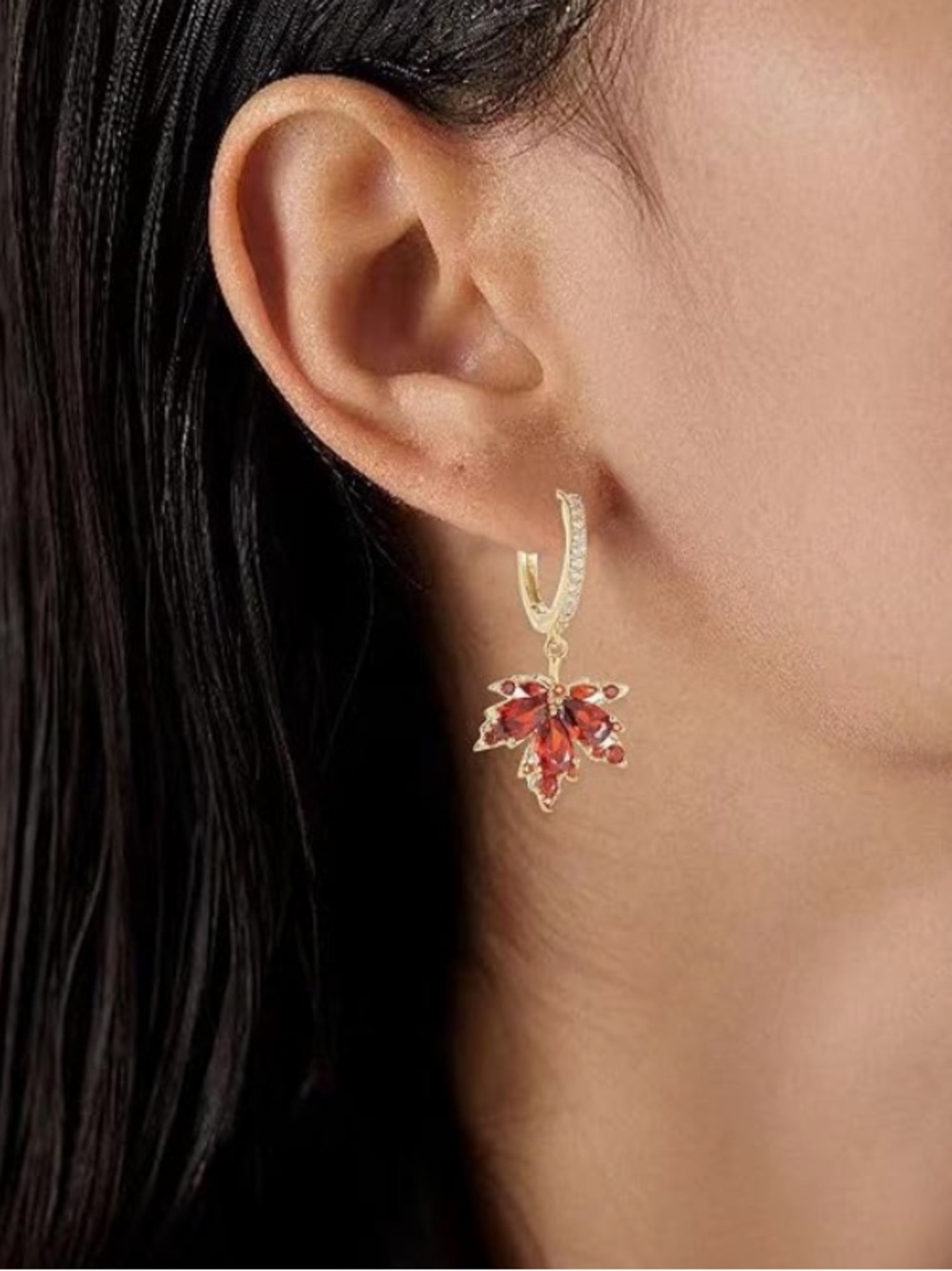Anthropologie Gold Tone Hoop Earrings with Red Crystal Leaf Charm